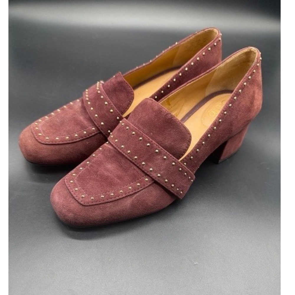 Franco Sarto Womens Burgundy Suede Studded Block Heel Loafers Square Toe Pumps 6